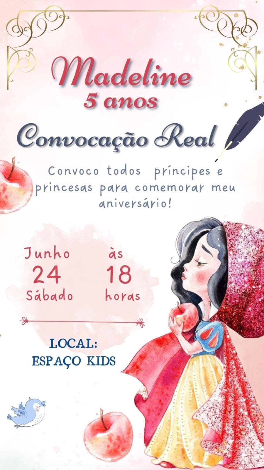 Convite Aniversário Branca de Neve 5 Anos Editável