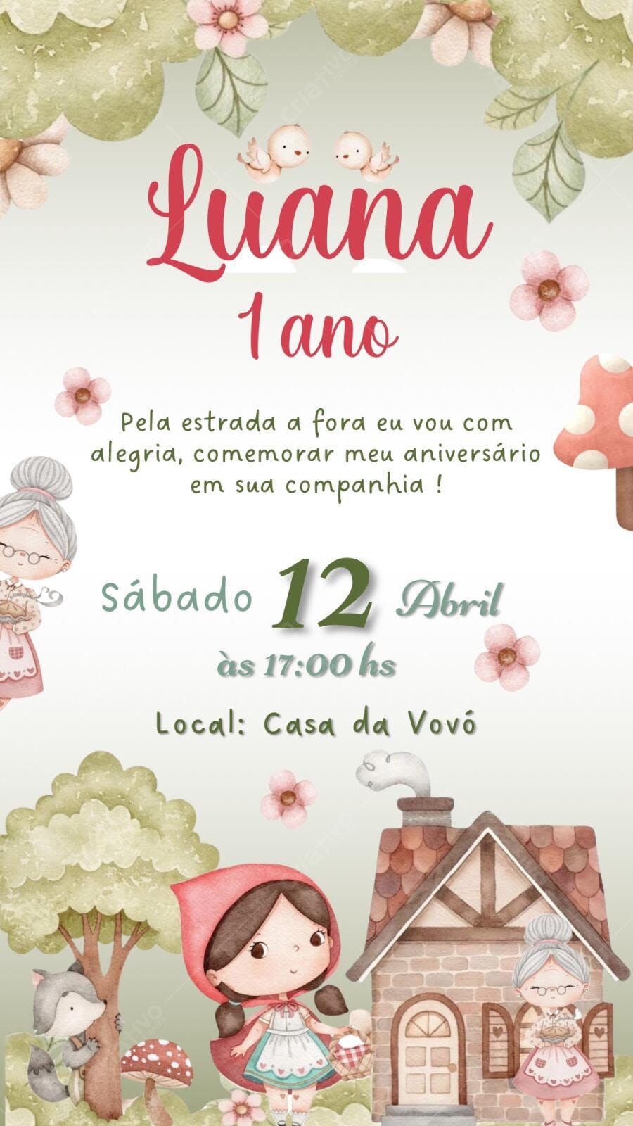 Convite Aniversário Chapeuzinho Vermelho 1 Ano Editável