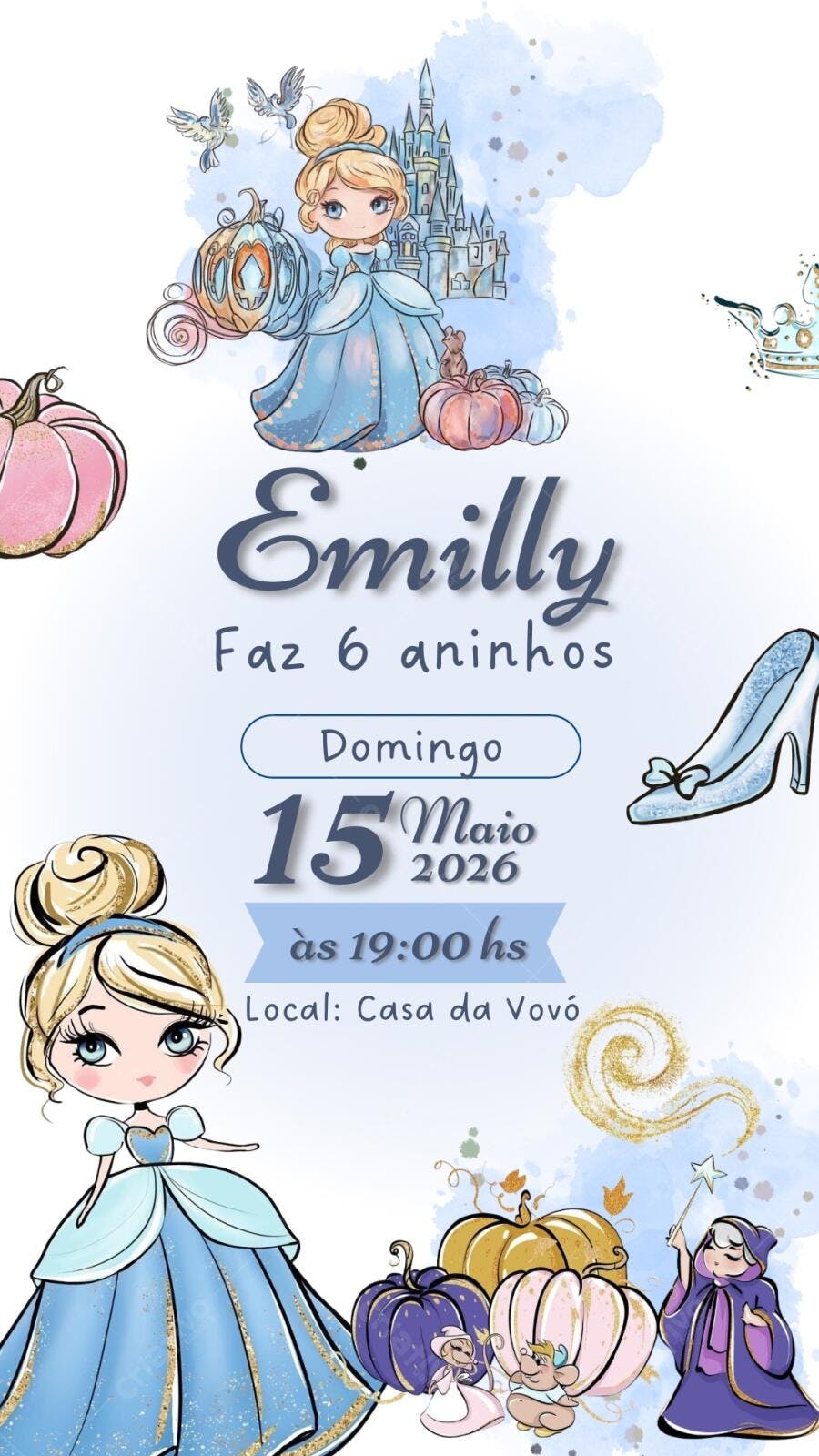 Convite Aniversário Cinderela 6 Anos Editável