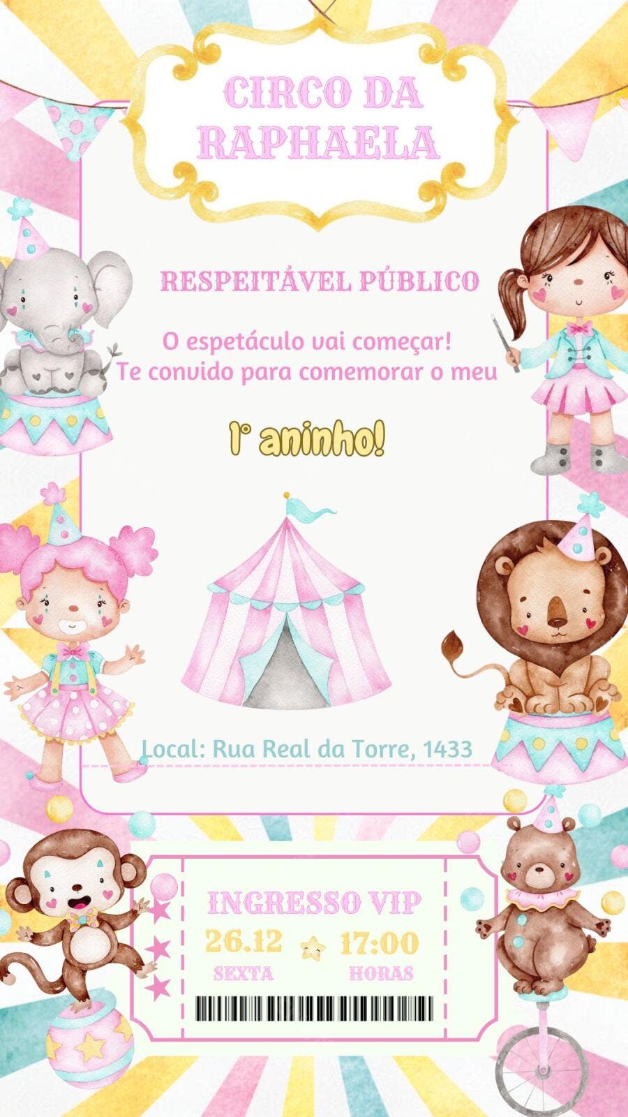 Convite Aniversário Circo Rosa 1 Aninho Editável