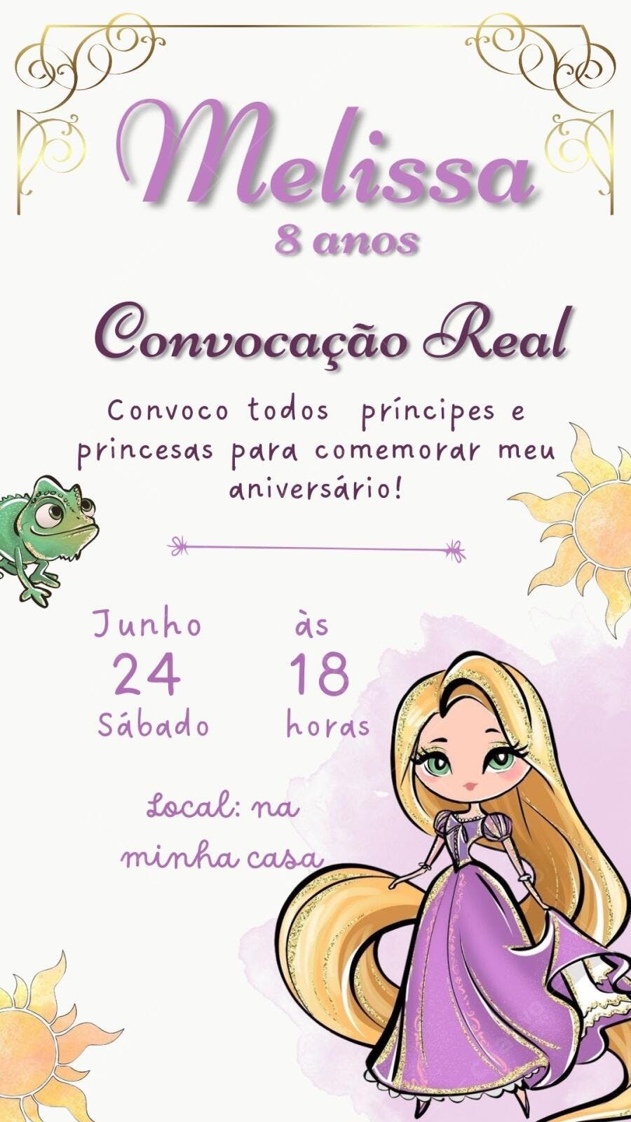 Convite Aniversário Rapunzel 8 Anos Editável