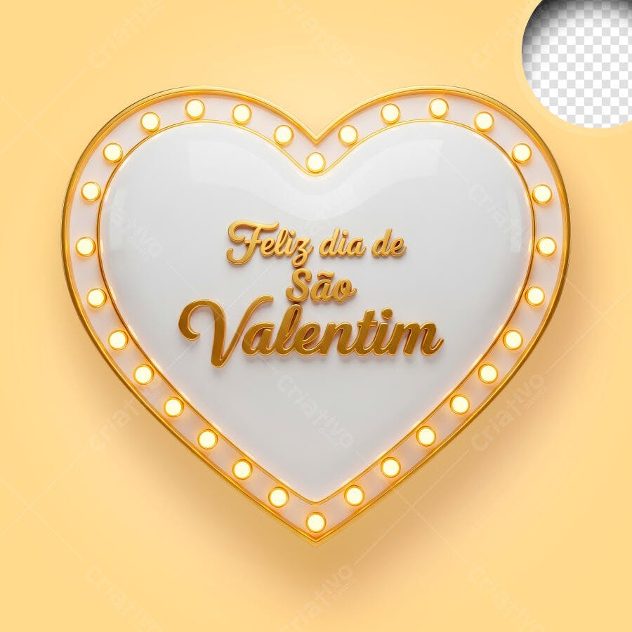 Selo 3D Coração Dia dos Namorados Dourado PNG Transparente