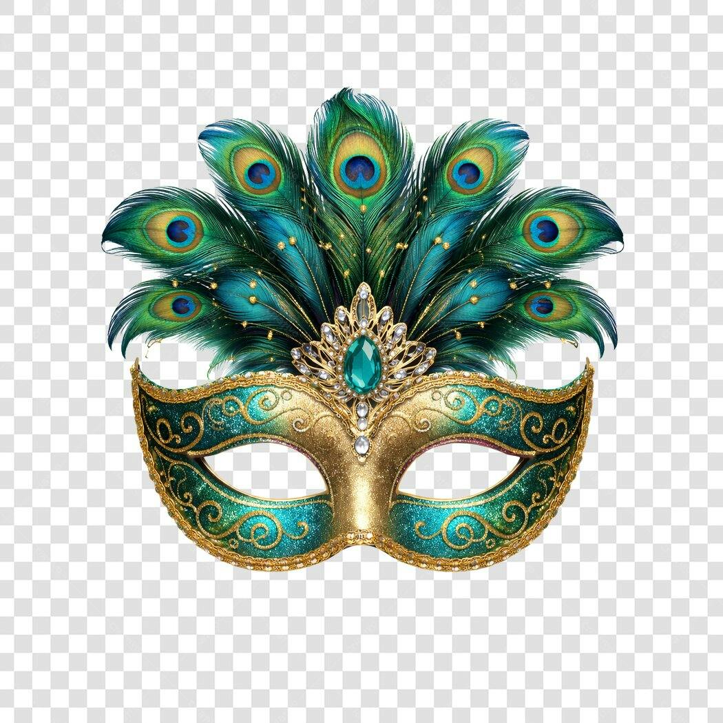 Elemento 3D Máscara de Carnaval Pena Pavão PNG Fundo Transparente