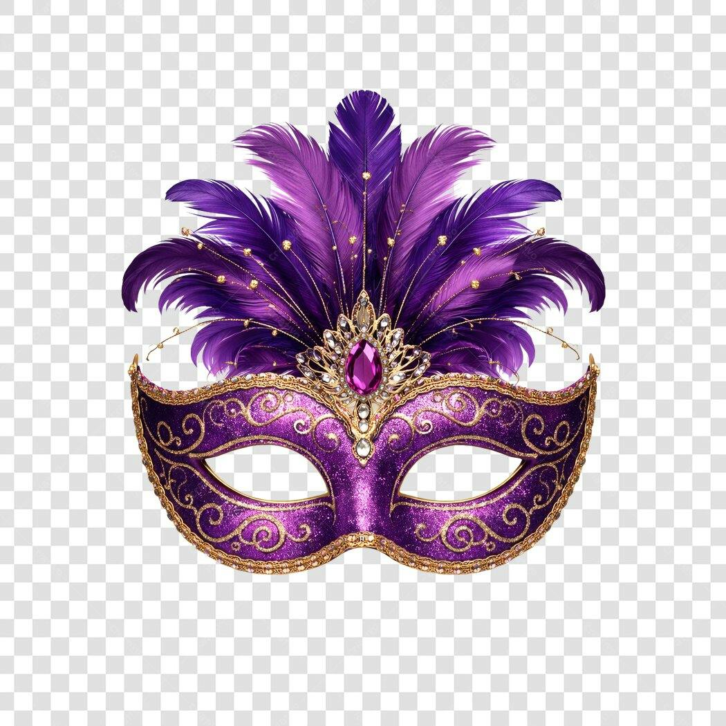 Máscara Carnaval Roxo Penas Dourado PNG Fundo Transparente