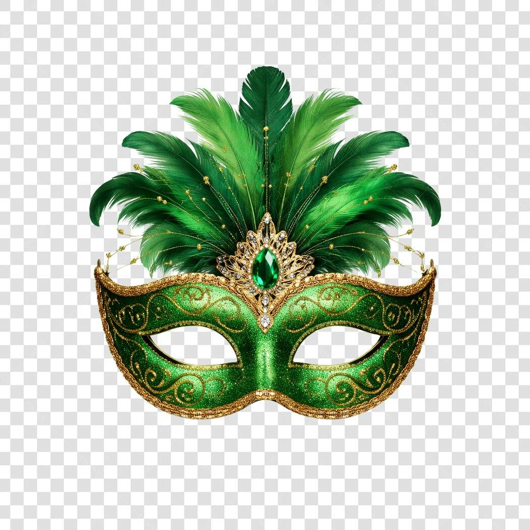Máscara Carnaval Verde Penas Dourado PNG Fundo Transparente