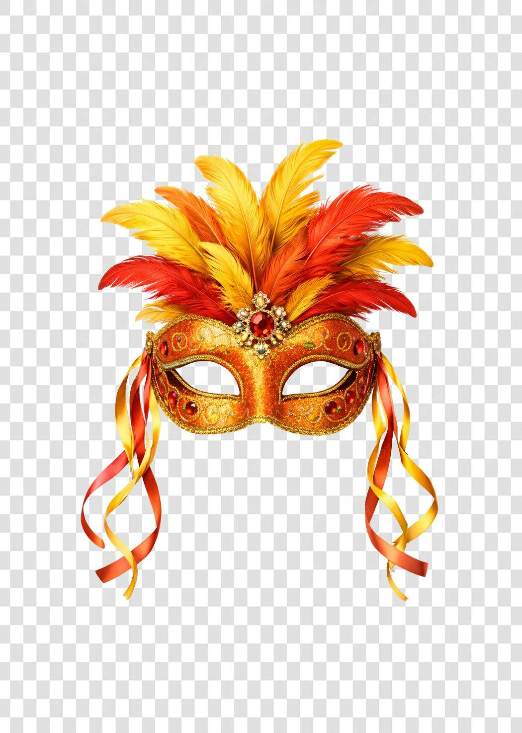 Ilustração Máscara Carnaval Penas Douradas Vermelhas PNG Fundo Transparente