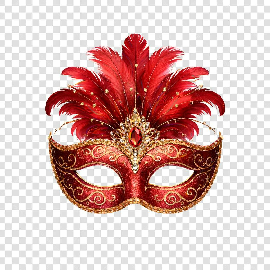 Clipart Máscara Carnaval Vermelha Penas PNG Fundo Transparente