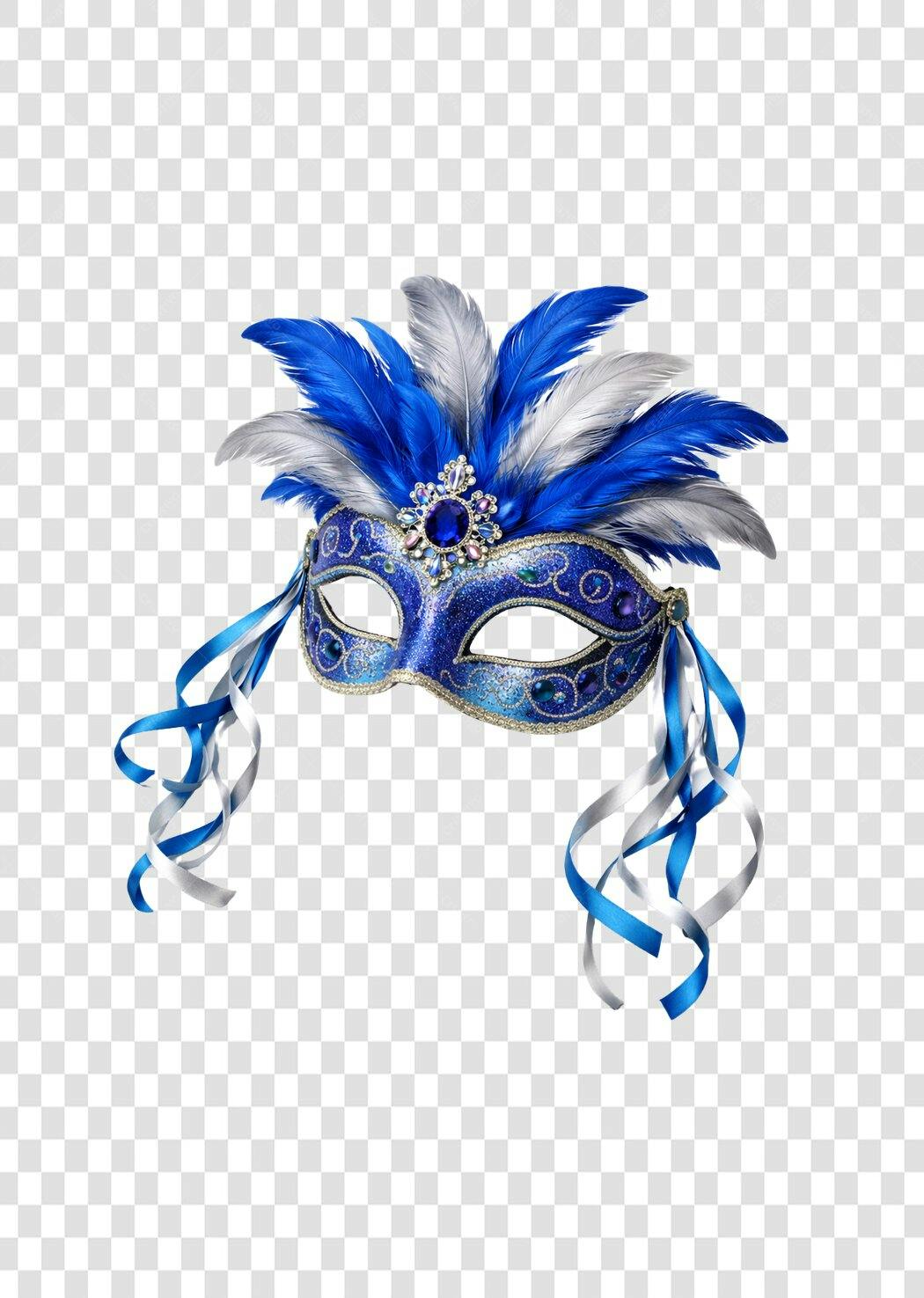 Máscara Carnaval Azul Prata Penas PNG Fundo Transparente