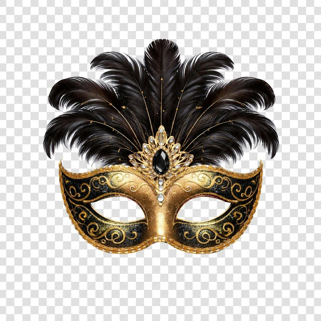 Máscara Carnaval Fevereiro Plumas Dourada PNG Fundo Transparente