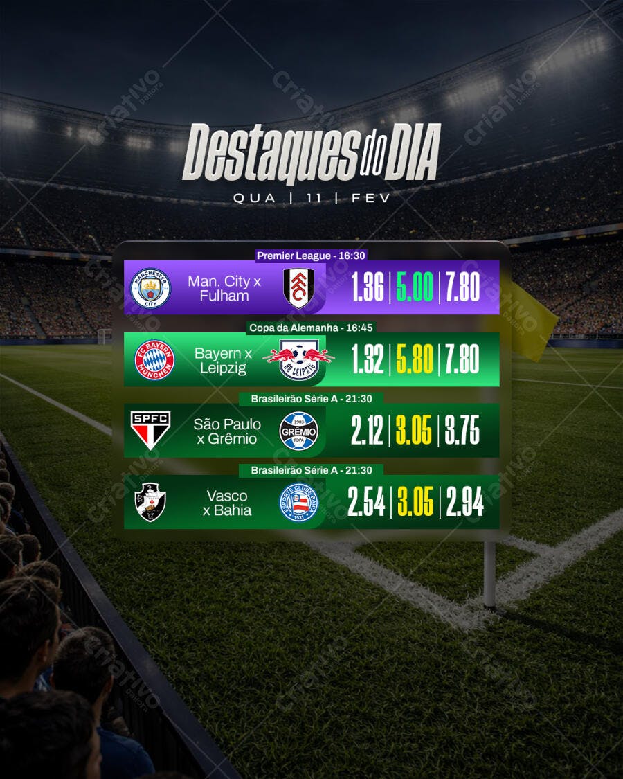 Post Instagram Destaques do Dia Futebol Apostas PSD Editável