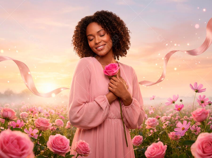 Foto Mulher Negra Sorrindo Campo de Rosas Rosadas Pôr do Sol