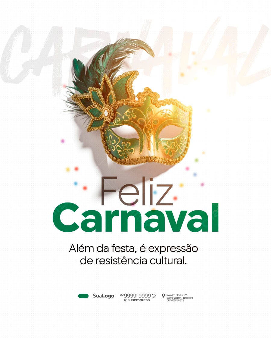 Post Instagram Feliz Carnaval Máscara Dourada PSD Editável