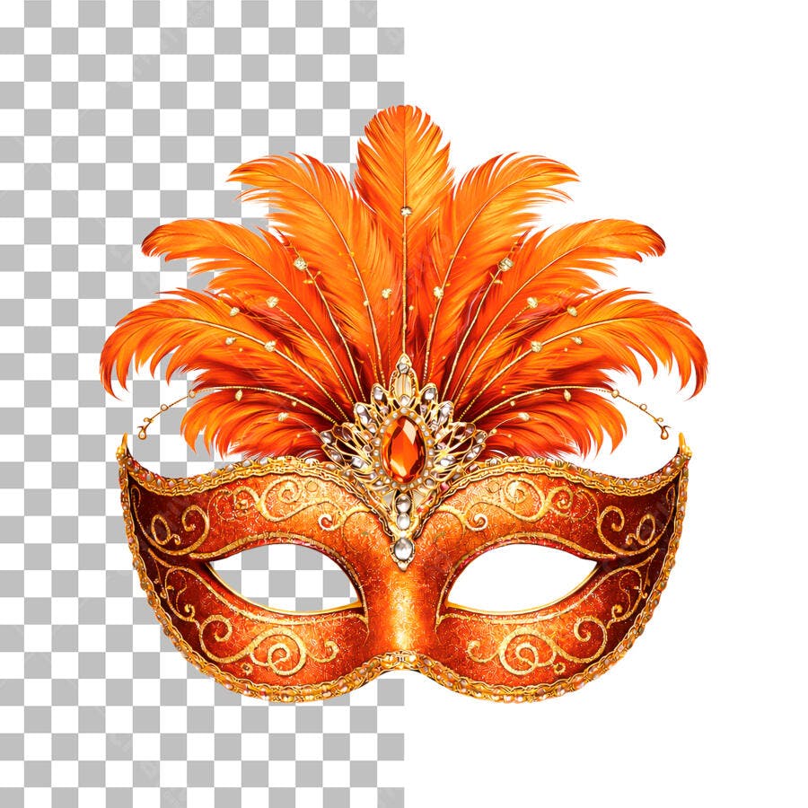 Elemento Decorativo Máscara de Carnaval Laranja Dourada PNG Fundo Transparente