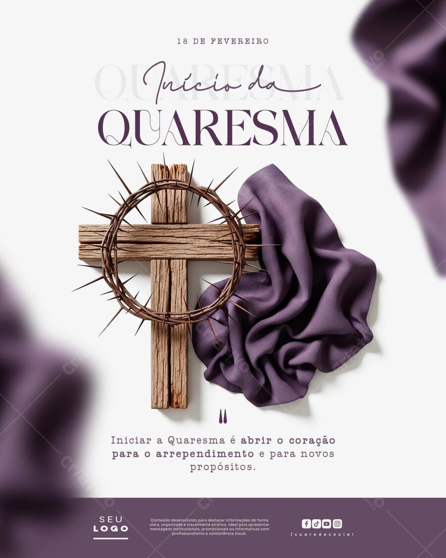 Post Instagram Início da Quaresma Fevereiro PSD Editável
