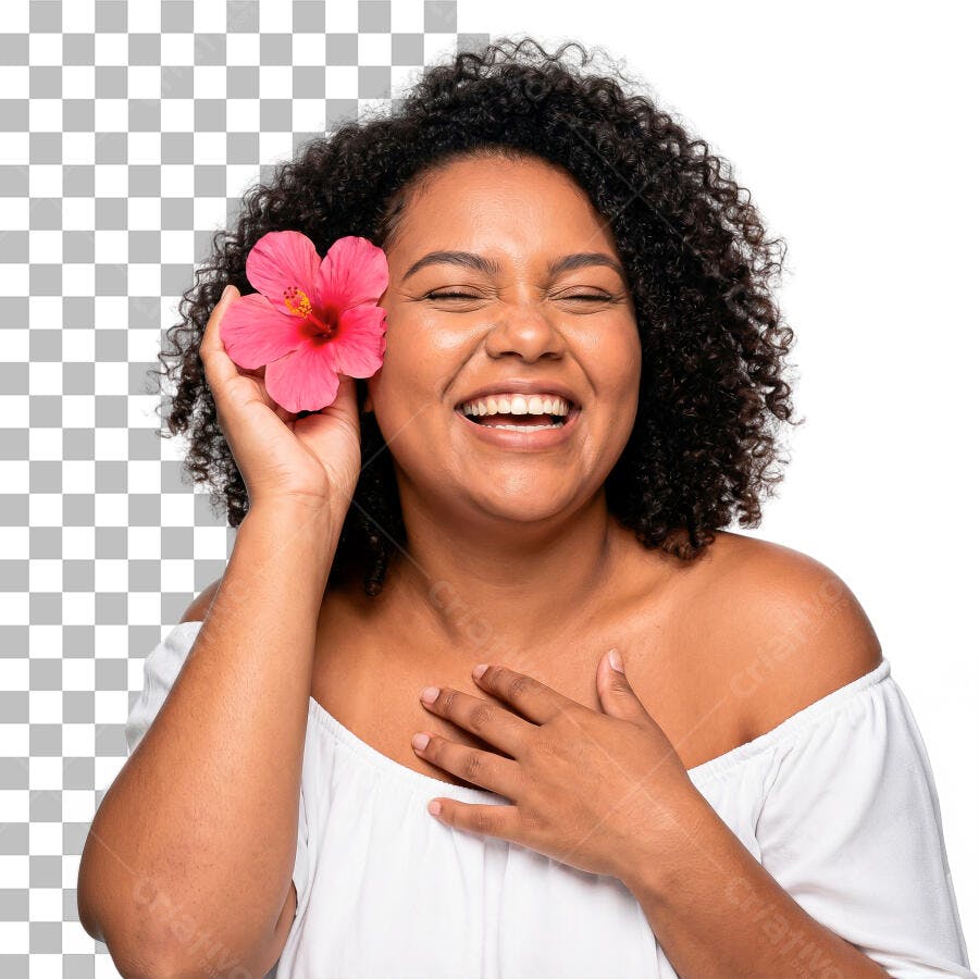 Foto Recortada Mulher Negra Sorrindo Flor Rosa PNG Fundo Transparente