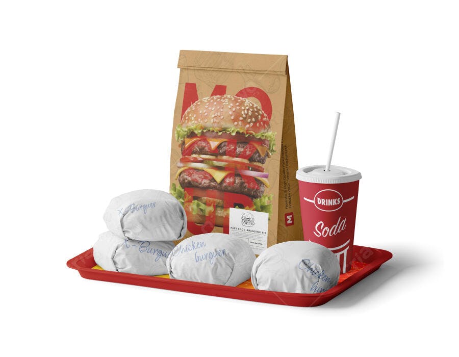 Mockup Embalagem Hamburgueria Fast Food Bandeja Editável