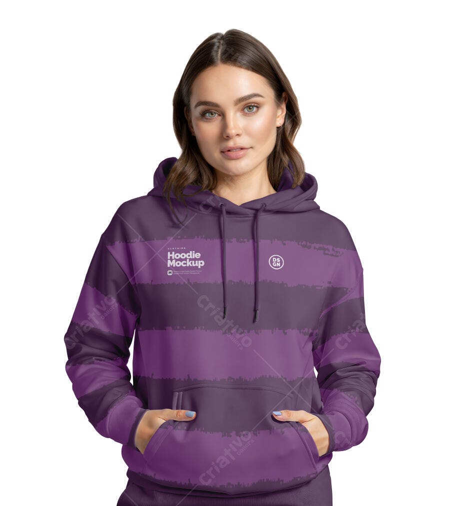 Mockup Hoodie Feminino Roxo Modelo Realista Editável