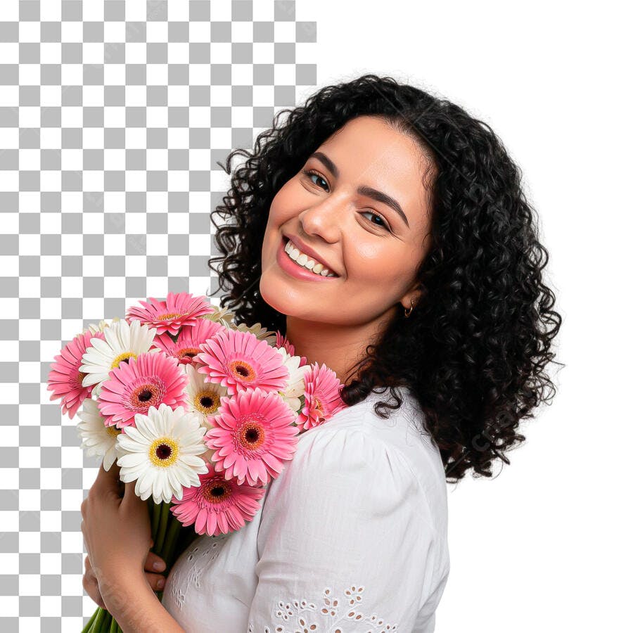 Foto Recortada Mulher Sorrindo Buquê Flores Rosas PNG Fundo Transparente