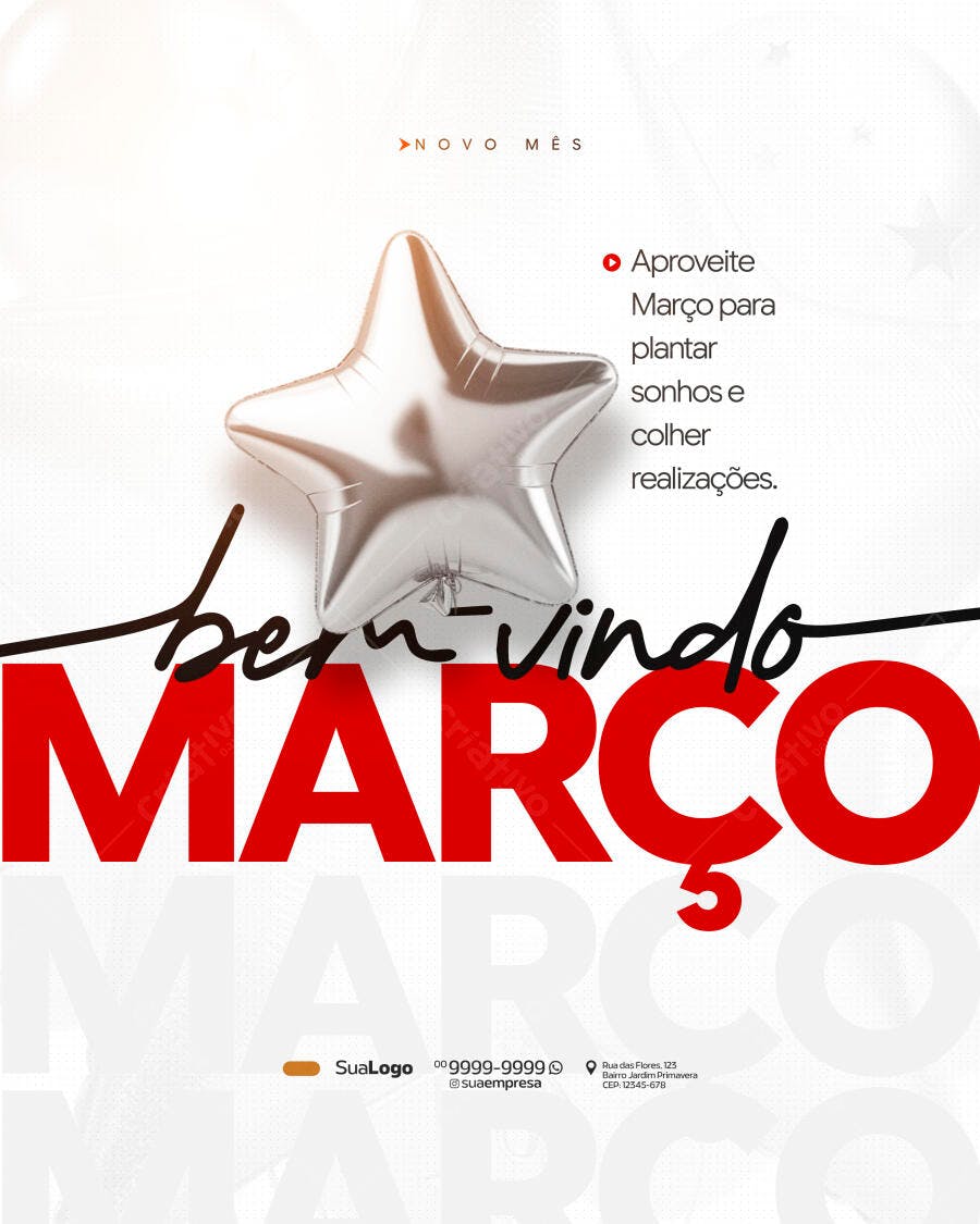 Post Instagram Bem-Vindo Março Balão Estrela PSD Editável