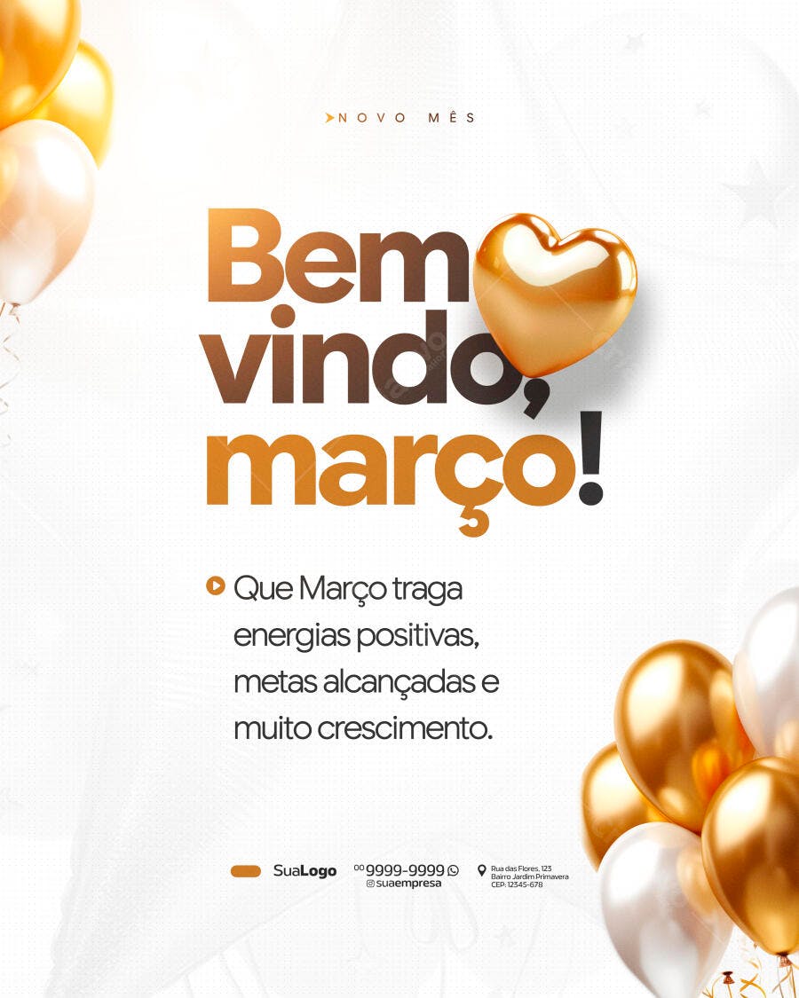Post Instagram Bem Vindo Março Balões Dourados PSD Editável