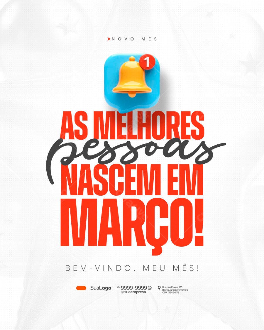 Post Instagram Bem-Vindo Março Aniversariantes PSD Editável