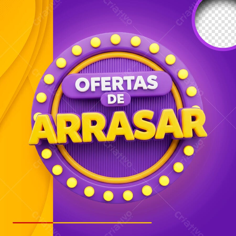 Badge 3D Ofertas de Arrasar Roxo e Amarelo PNG Transparente
