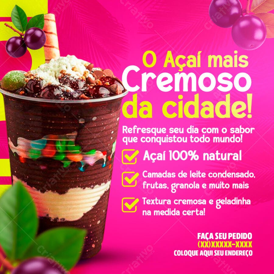 Post Instagram Açaí Cremoso Delicioso PSD Editável