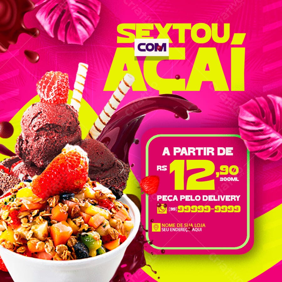 Post Instagram Açaí Delivery Sextou PSD Editável