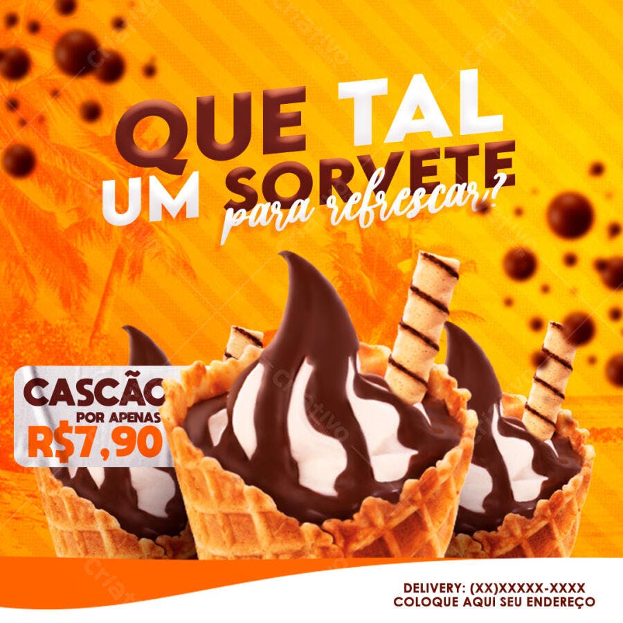 Post Instagram Sorveteria Casquinha Promoção PSD Editável