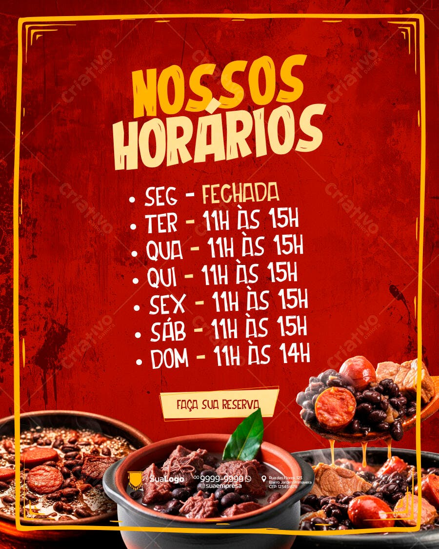 Post Instagram Horários Restaurante Feijoada PSD Editável