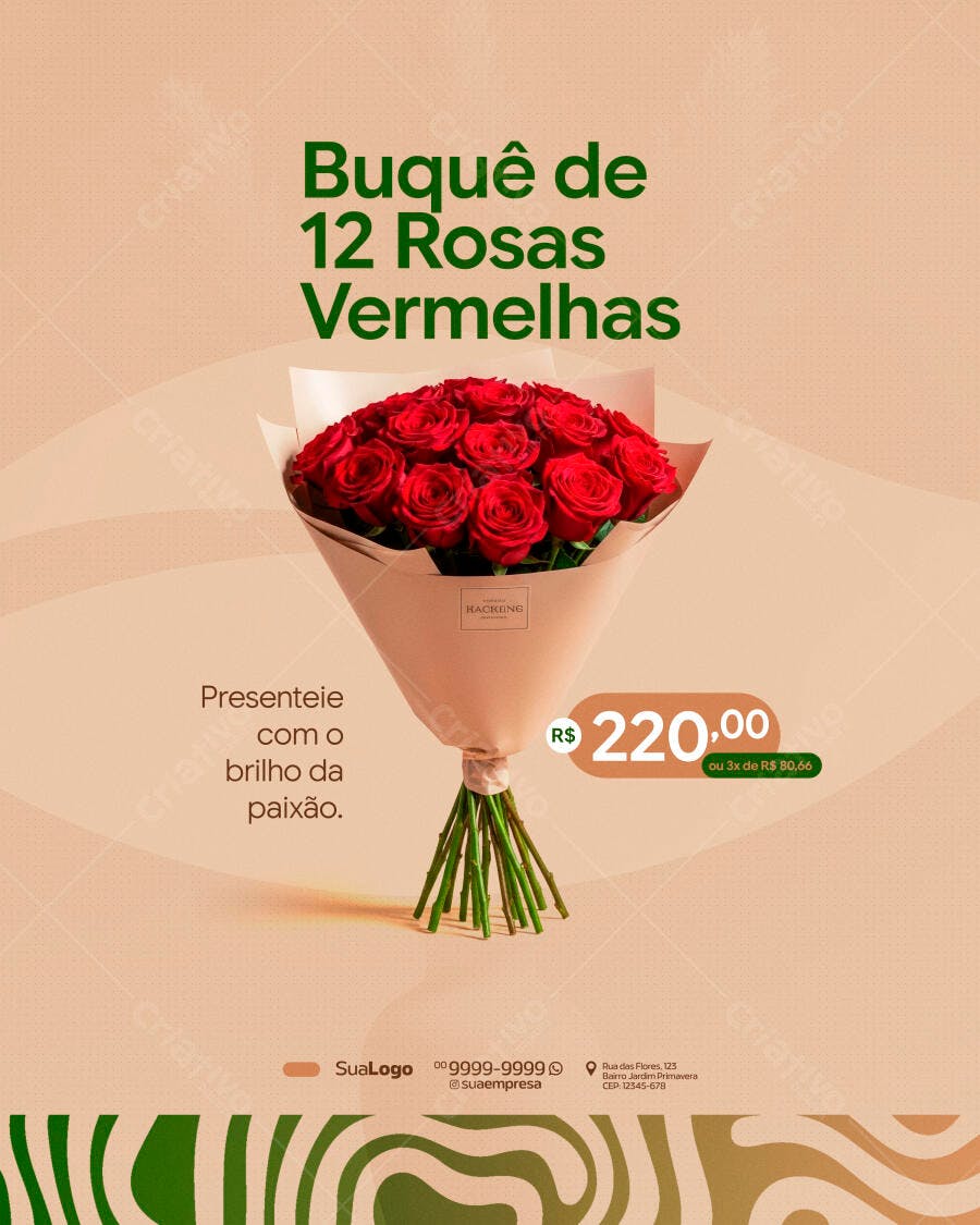 Post Instagram Floricultura Buquê Rosas Vermelhas PSD Editável