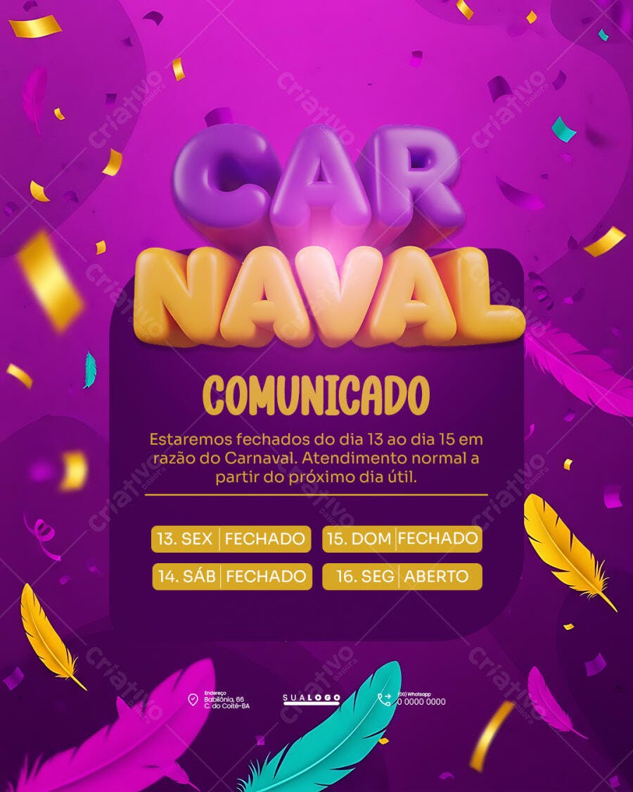 Post Instagram Comunicado Carnaval Fevereiro PSD Editável