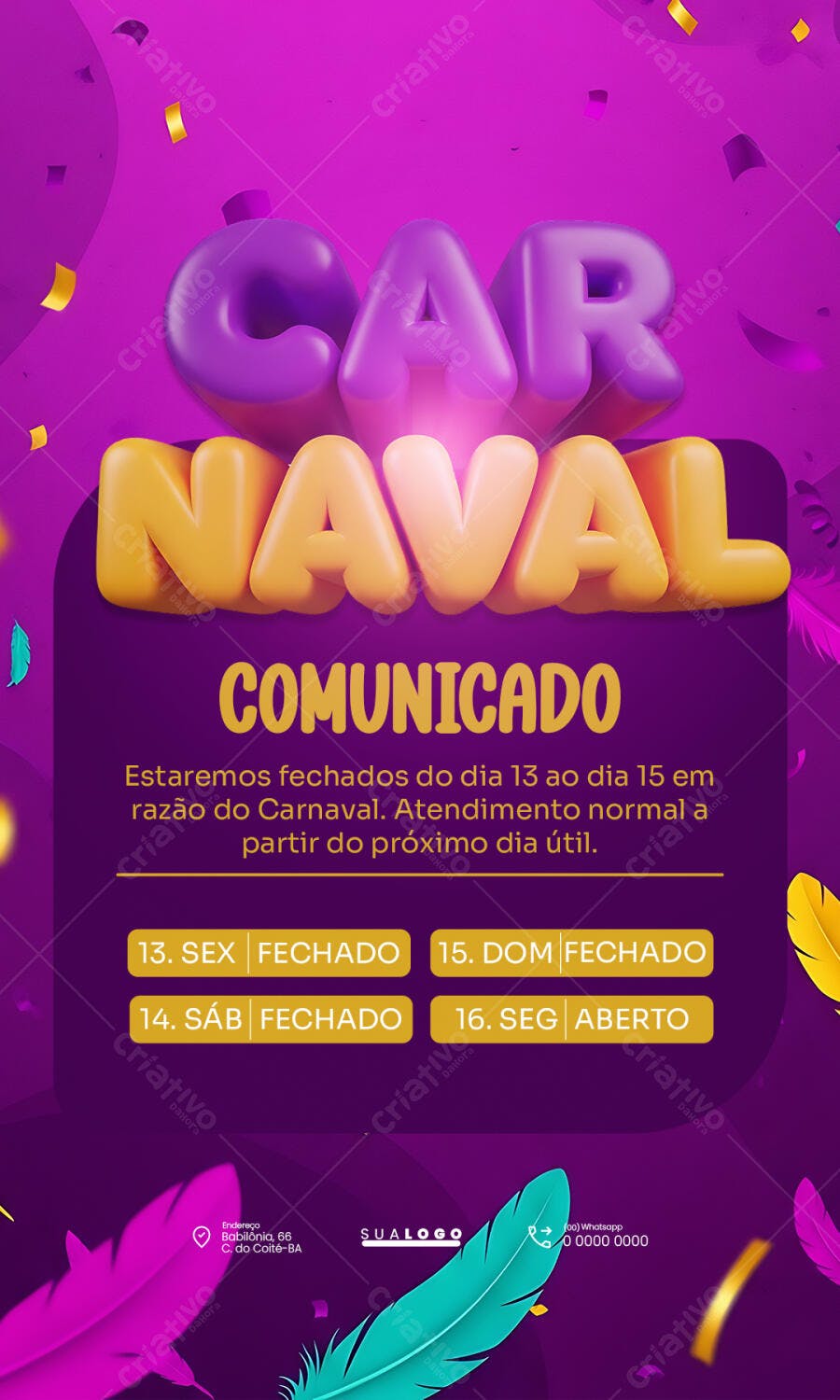 Post Carnaval Comunicado Feriado PSD Editável