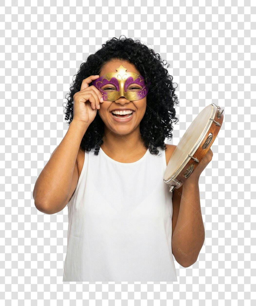 Foto Recortada Mulher Negra Máscara Carnaval Fevereiro Pandeiro PNG Fundo Transparente