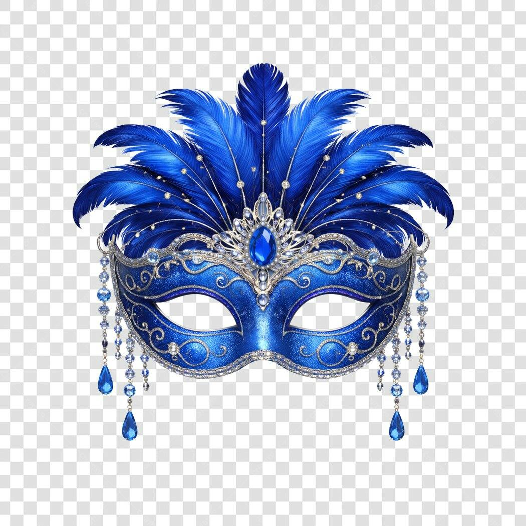 Máscara Carnaval Azul com Penas e Joias PNG Fundo Transparente