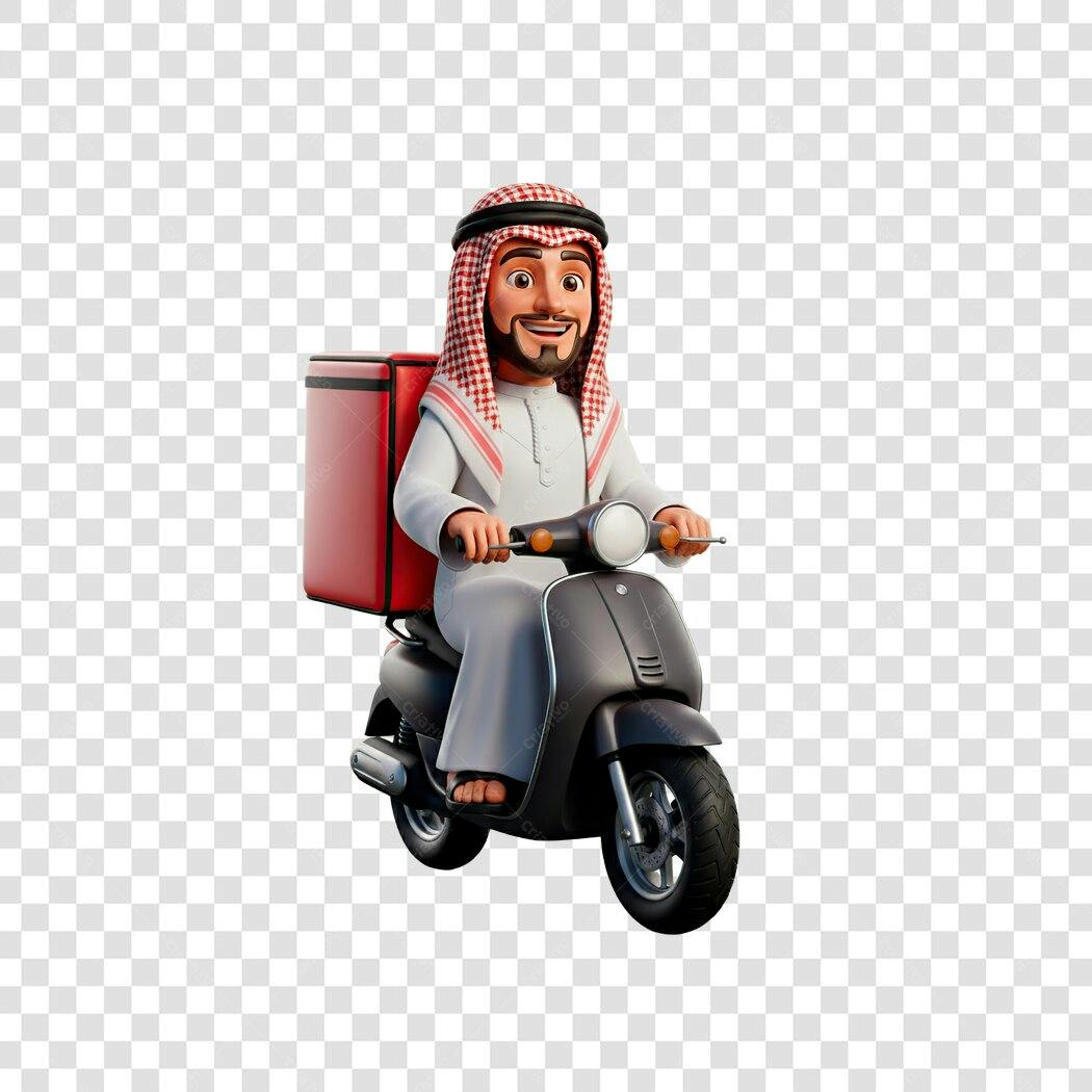 Personagem 3D Árabe Entregador Moto Delivery PNG Fundo Transparente