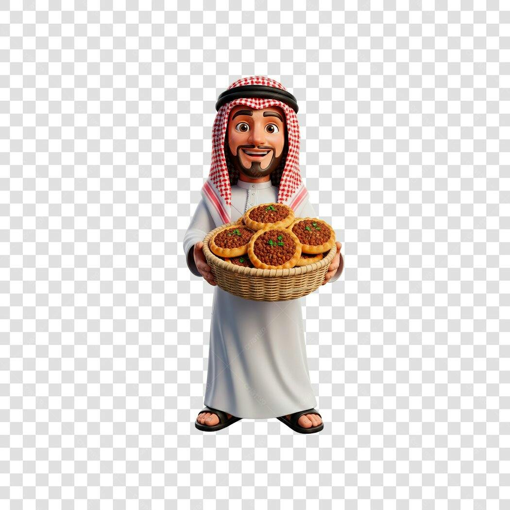 Elemento 3D Árabe Homem com Cesta de Comida PNG Fundo Transparente