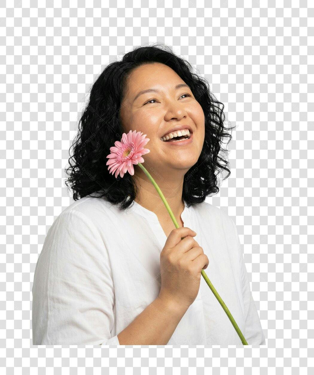 Foto Recortada Mulher Asiática Sorrindo Flor Rosa PNG Fundo Transparente