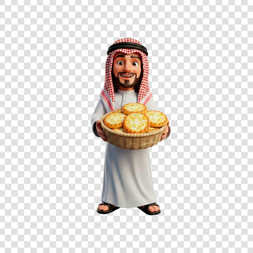 Personagem 3D Árabe Homem Cesta Pães PNG Fundo Transparente