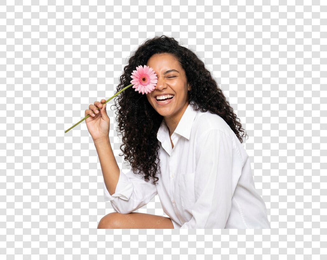 Foto Recortada Mulher Negra Sorrindo Flor Rosa PNG Fundo Transparente