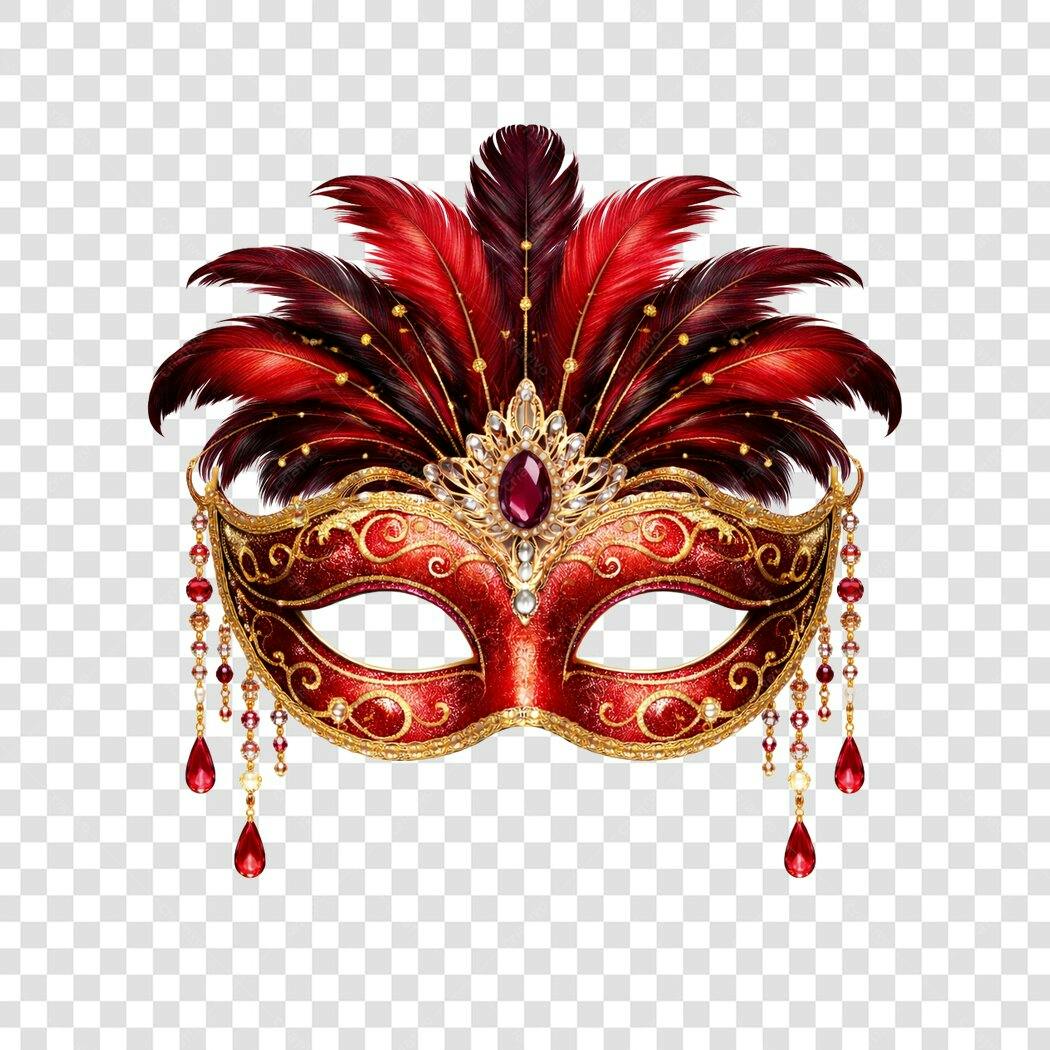 Elemento Decorativo Máscara Carnaval Vermelha Dourada PNG Fundo Transparente