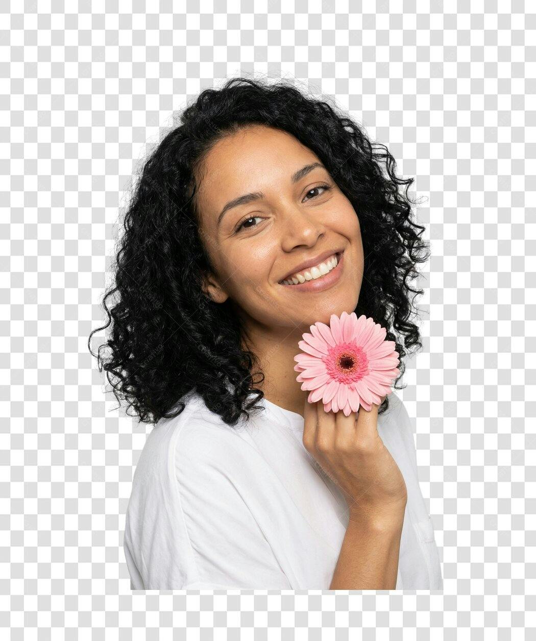 Foto Recortada Mulher Sorrindo Flor Rosa PNG Fundo Transparente