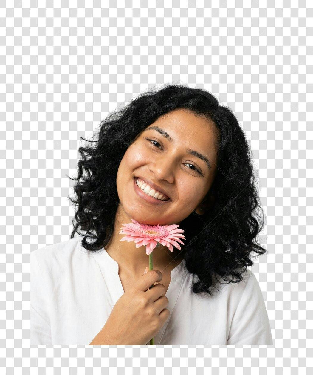 Foto Recortada Mulher Sorrindo Flor Rosa PNG Fundo Transparente