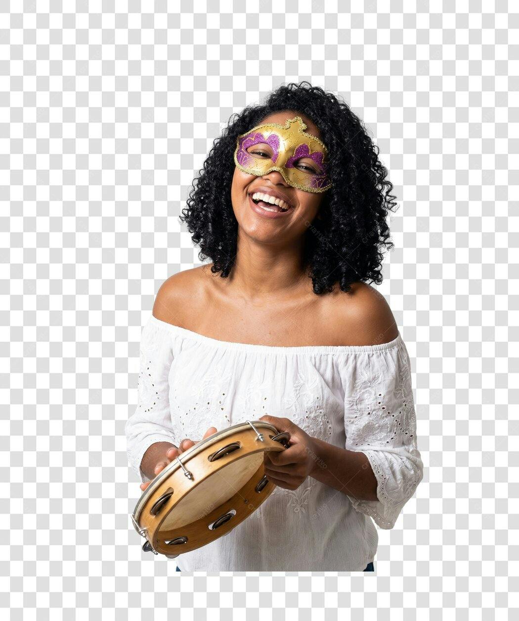 Foto Recortada Mulher Negra Máscara Carnaval Fevereiro Pandeiro PNG Fundo Transparente