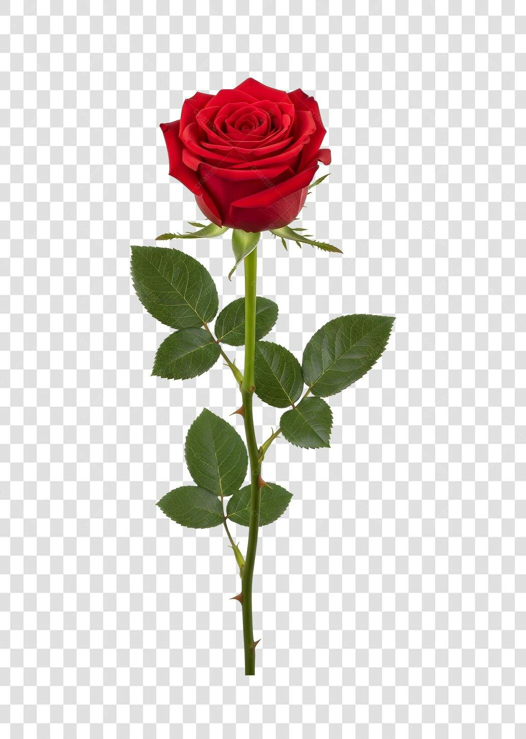 Foto Recortada Rosa Vermelha Haste e Folhas PNG Fundo Transparente