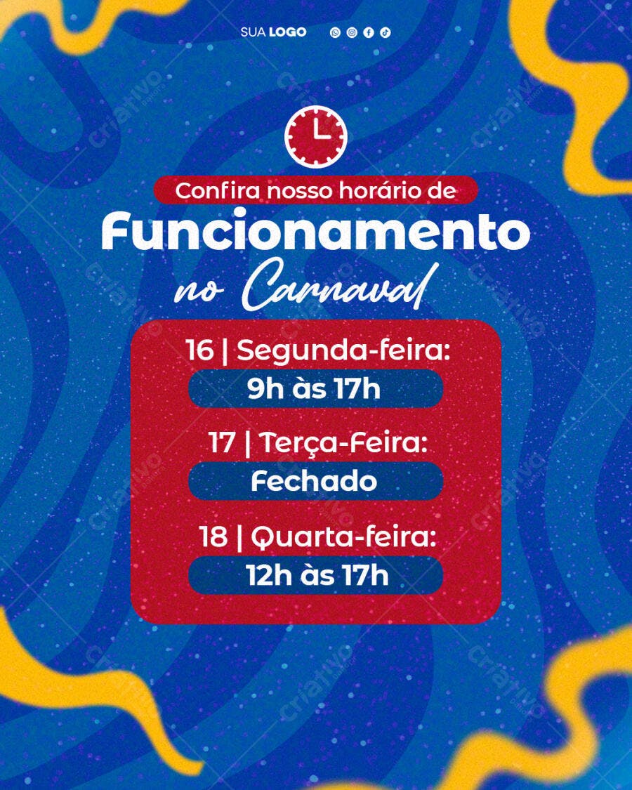 Post Instagram Horário Carnaval Fevereiro PSD Editável