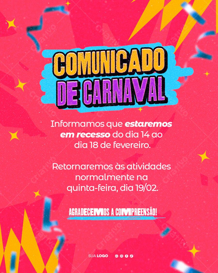 Post Instagram Comunicado de Carnaval Fevereiro PSD Editável