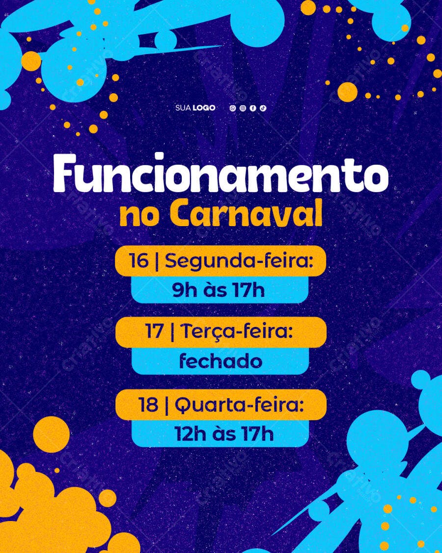 Post Instagram Funcionamento Carnaval Fevereiro PSD Editável