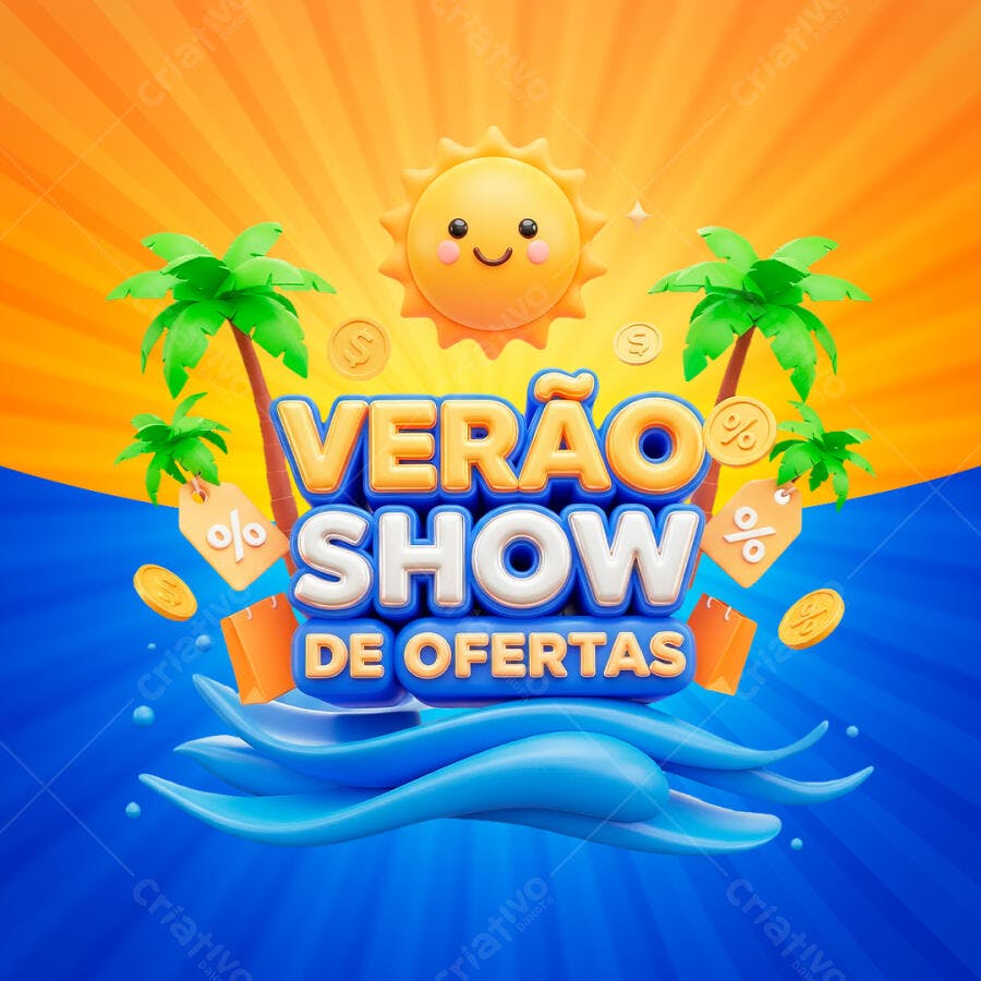 Selo 3D Verão Show de Ofertas Laranja Azul PNG Transparente