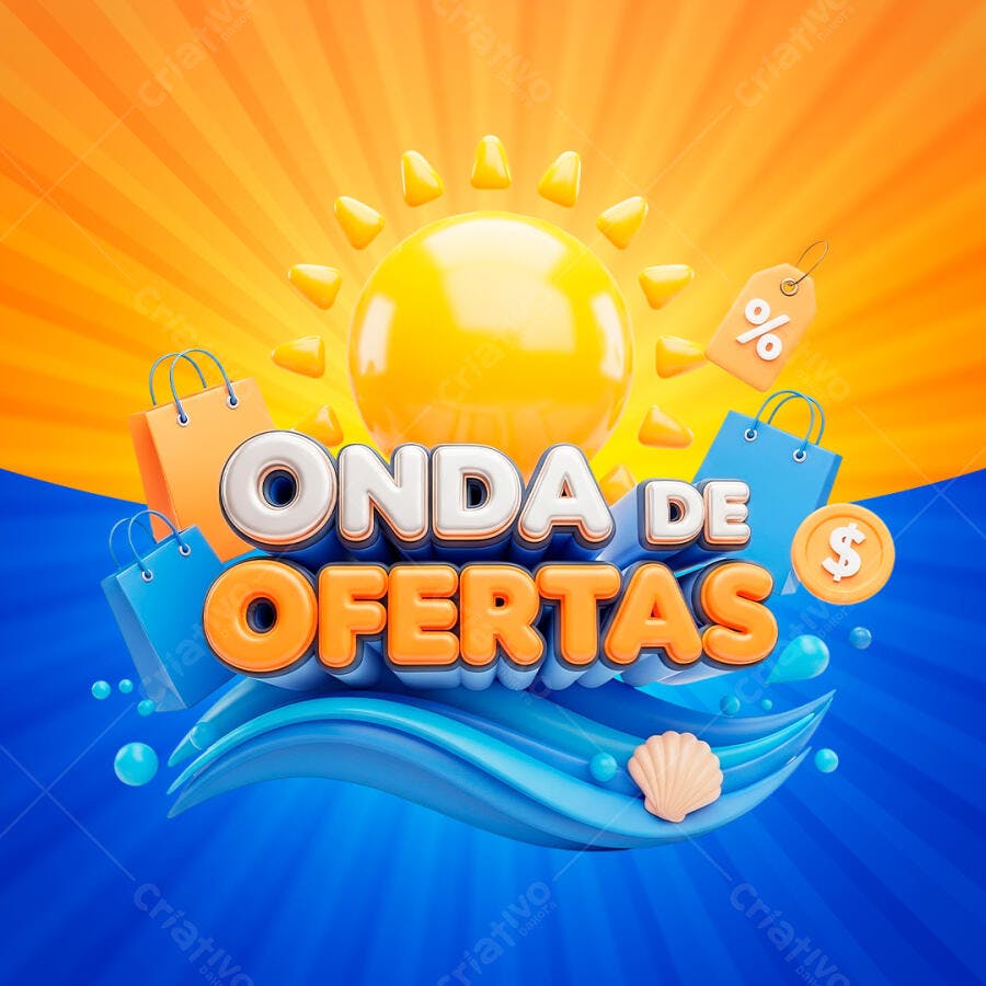 Selo 3D Oferta Especial Verão Sol Laranja Azul PNG Transparente